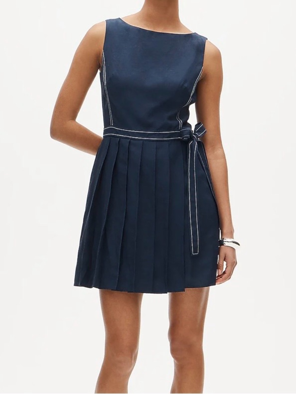 NWT J. Crew Navy Sleeveless Pleated Tie-Waist Dress
